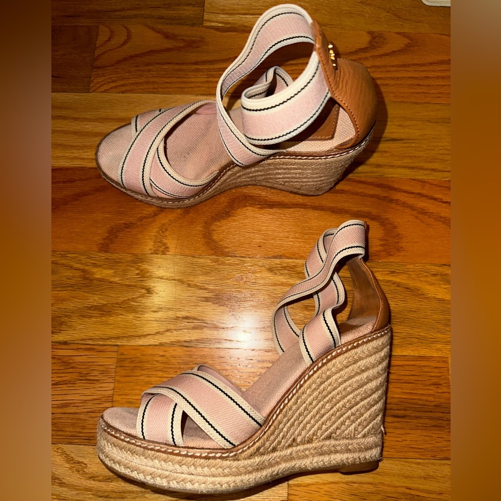 Tory Burch espadrilles wedge sandal in light pink and tan leather